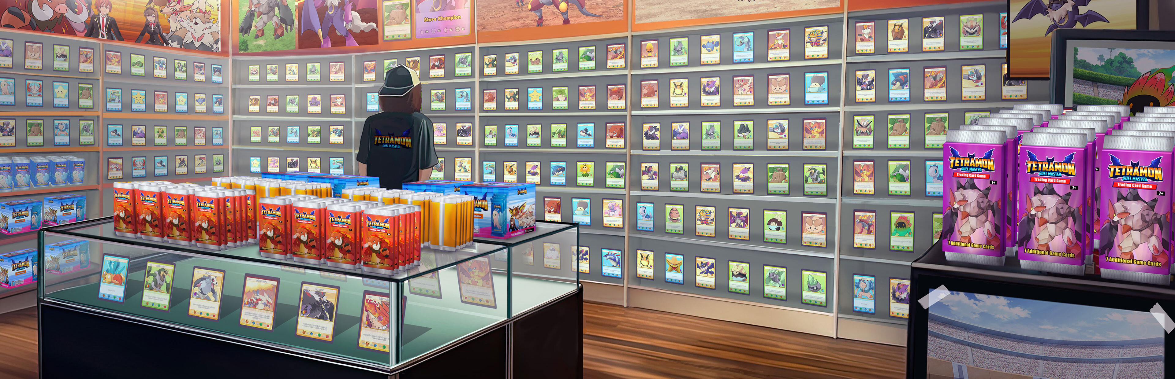 TCG Card Shop Simulator official Steam art — neon card shop interior